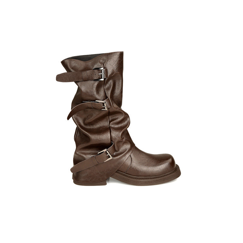 Mom Belt Buckle Head Pleated Tube Boots