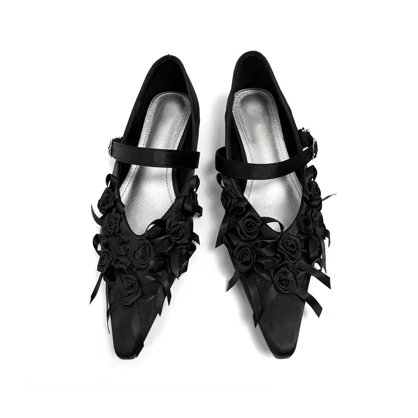 Women's Spring Design Niche Black Rose Pointed Buckle Low Heels