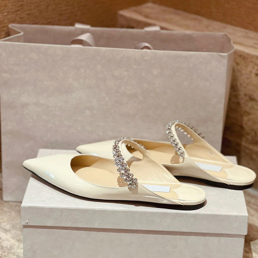 Women's High Version Rhinestone Patent Pointed Toe Pumps Mules Flat Slippers