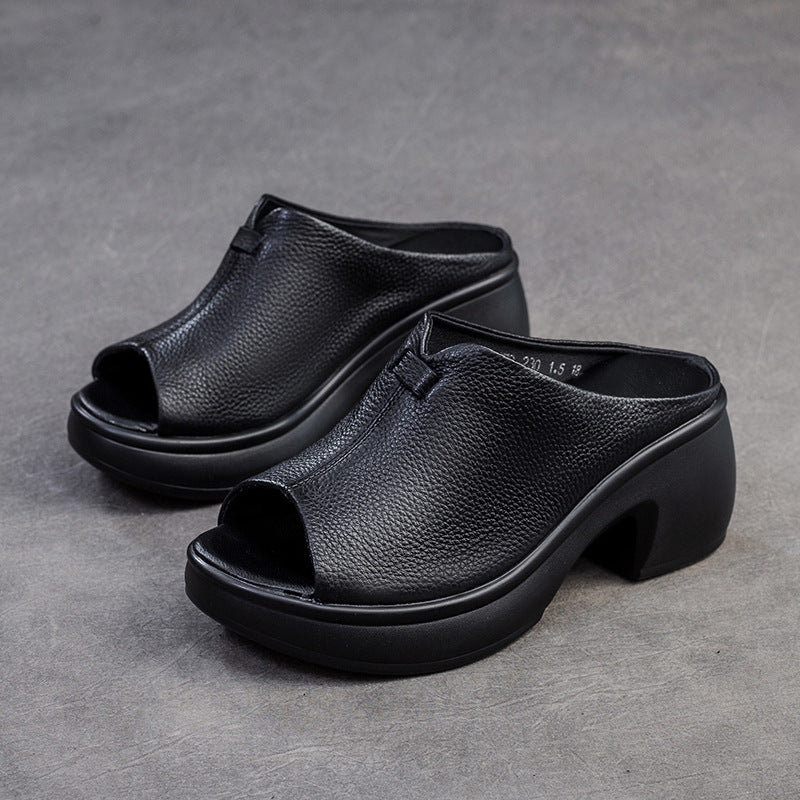 Women's Shu Summer Peep Toe Thick Bottom Top Layer Cowhide Slippers