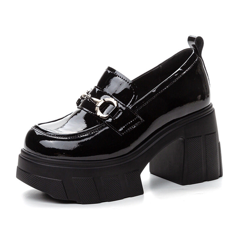 Women's Black Autumn Chunky Commuter Platform Height Increasing Loafers