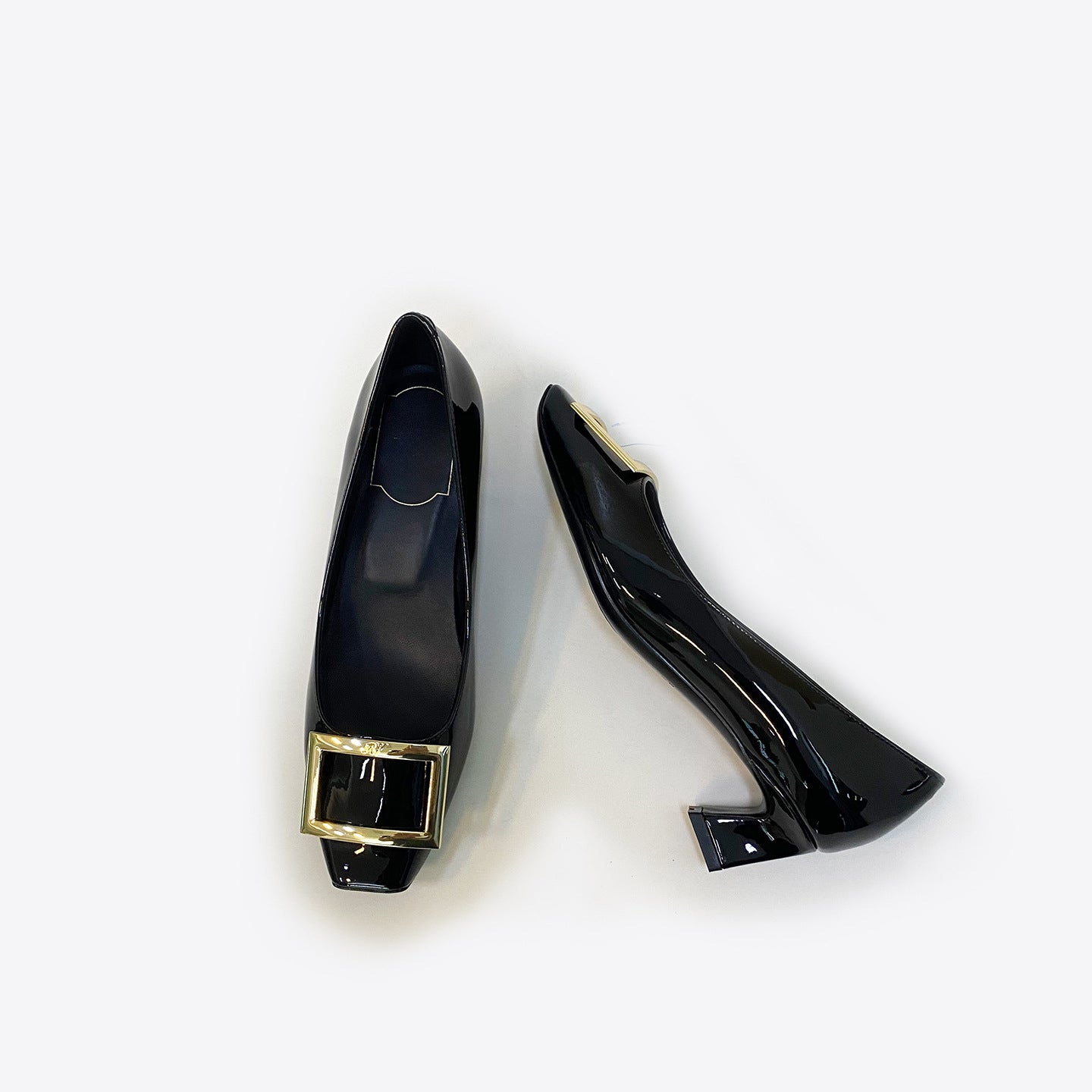 Spring Patent Square Buckle High Medium Chunky Workplace Commuter Shallow Heels
