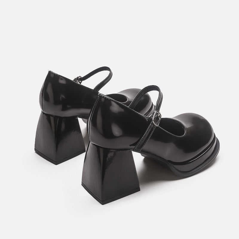 Women's Genuine Retro Preppy Style Chunky Pumps Black Leather Shoes