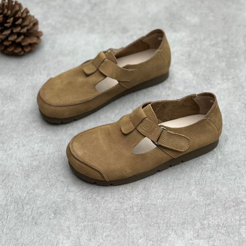 Women's Handmade Genuine Pumps Retro Artistic Round Toe Flat Bottom Velcro Women's Casual Shoes