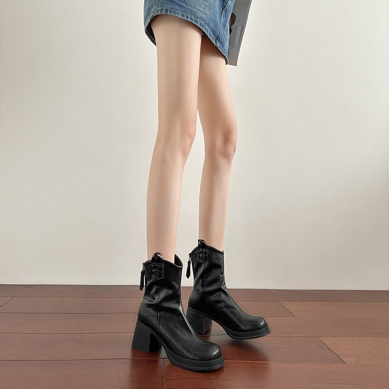 Women's Western Cowboy Thick-soled British Style Chunky High Booties Fleece Heels