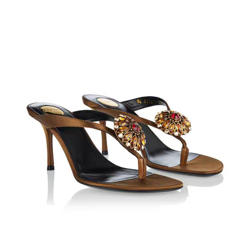 Women's Rhinestone Flower Retro Stylish Flip-flops High Heeled Sandals