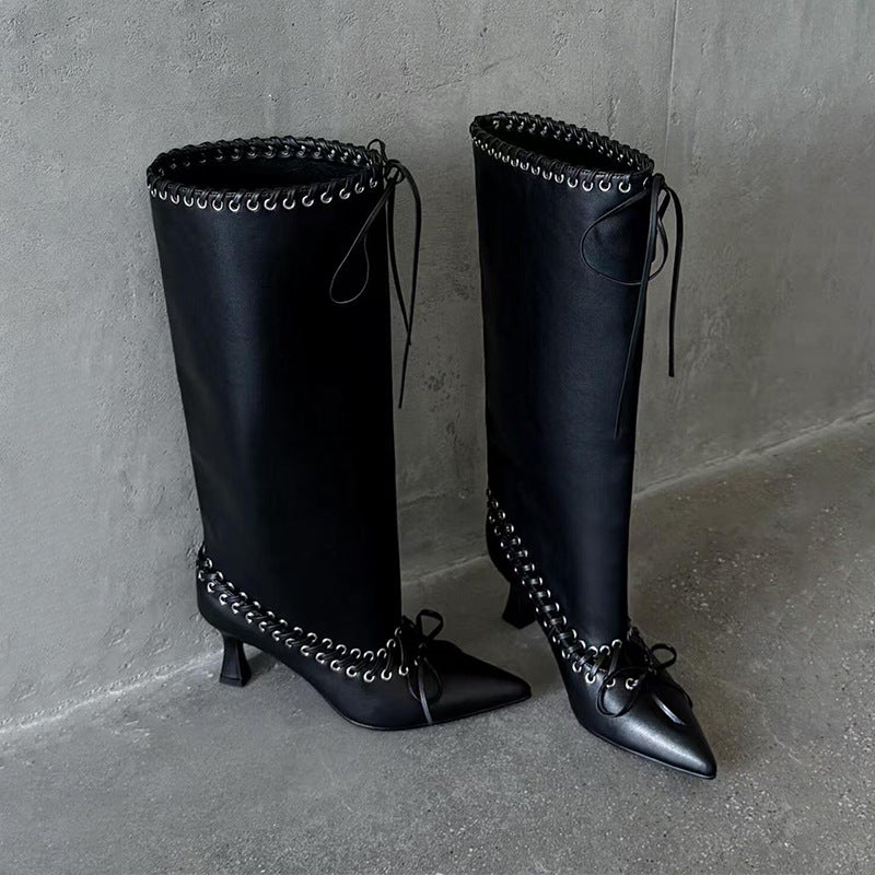 Women's Cowhide Version Pointed Stiletto Loose Straight Tall Knight Women's Leather Boots