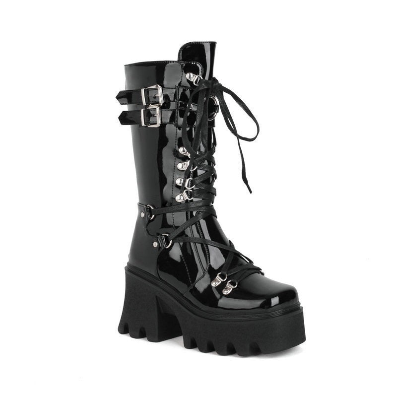 Women's Rivet Lace Up Chunky For Plus Boots