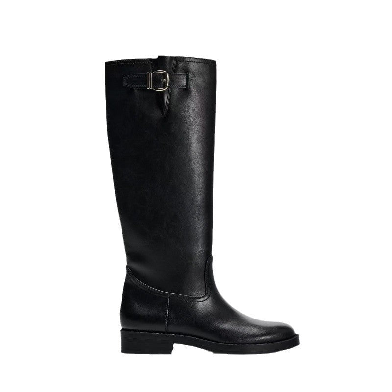 Round Head Chunky Pants British Style Buckle Decoration Knight Flat Boots