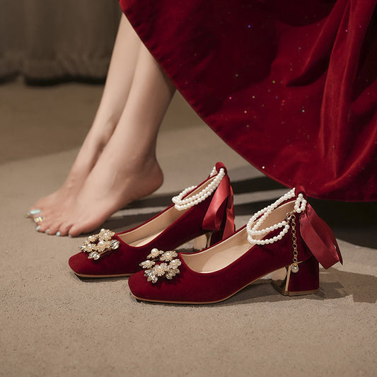 Women's Toe Rhinestone Buckle Pearl Chain Red Suede Wedding For Chunky Women's Casual Shoes