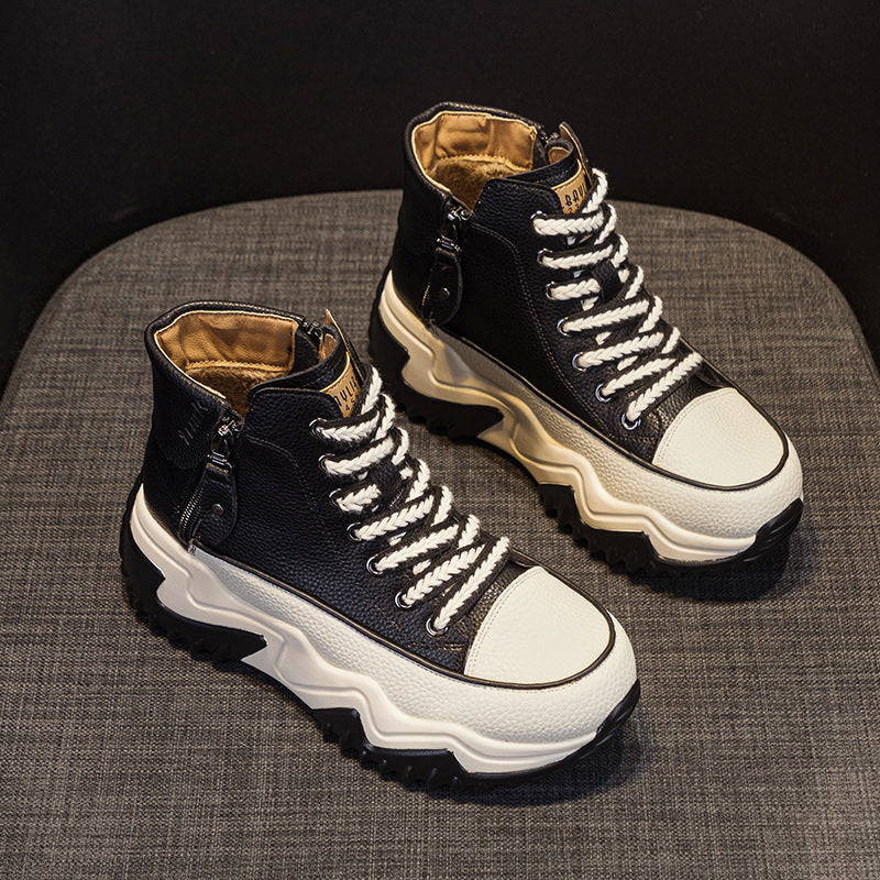 Women's Explosion Board Height Increasing Insole Dad Korean Style Women's Leather Boots