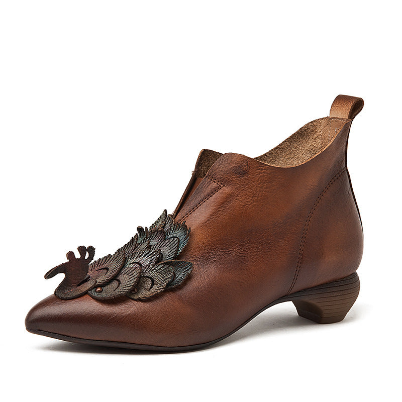 Women's Retro Genuine Fashion Pointed Toe Chunky Comfortable Versatile Cowhide Heels