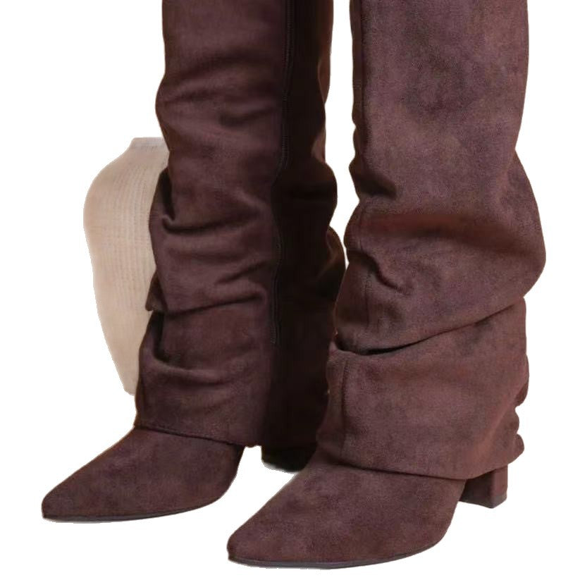 Women's Pointed Straight Pleated Metal Buckle Long Tube Large Size Thick Women's Leather Boots