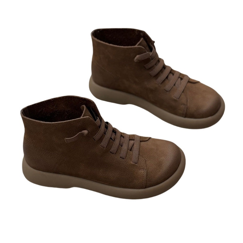 Women's Crafts Round Toe Flat Bottom Elastic Slip-on First Layer Women's Leather Boots
