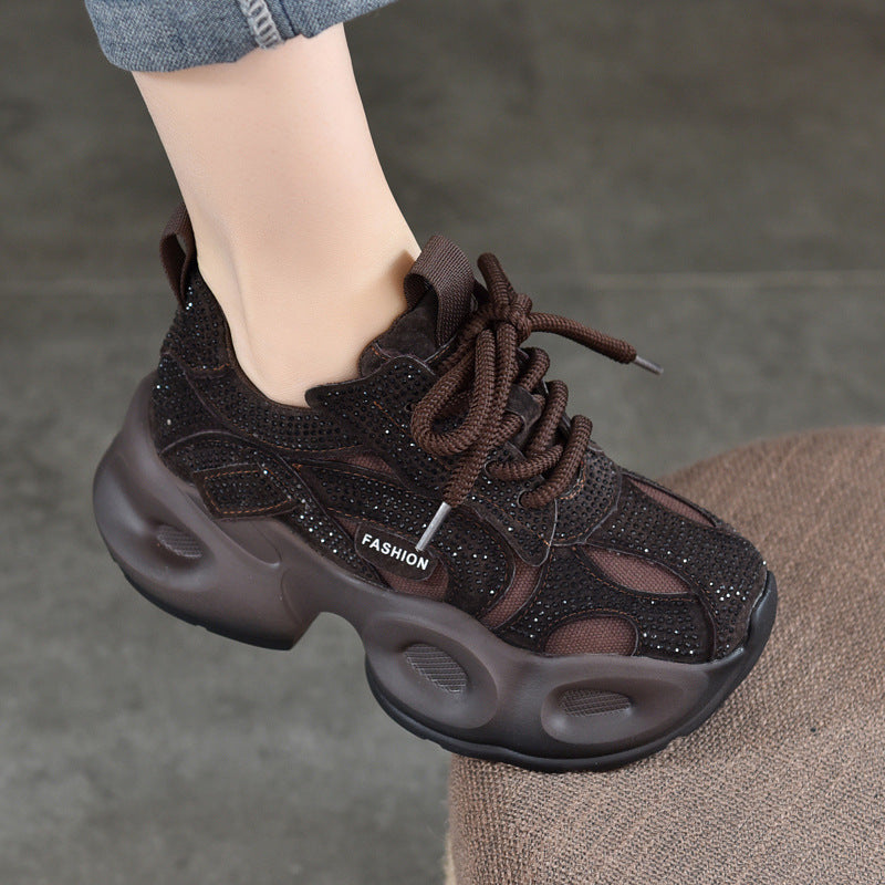 Women's Small Starry Rhinestone Dad Spring Genuine Platform Women's Sports Shoes