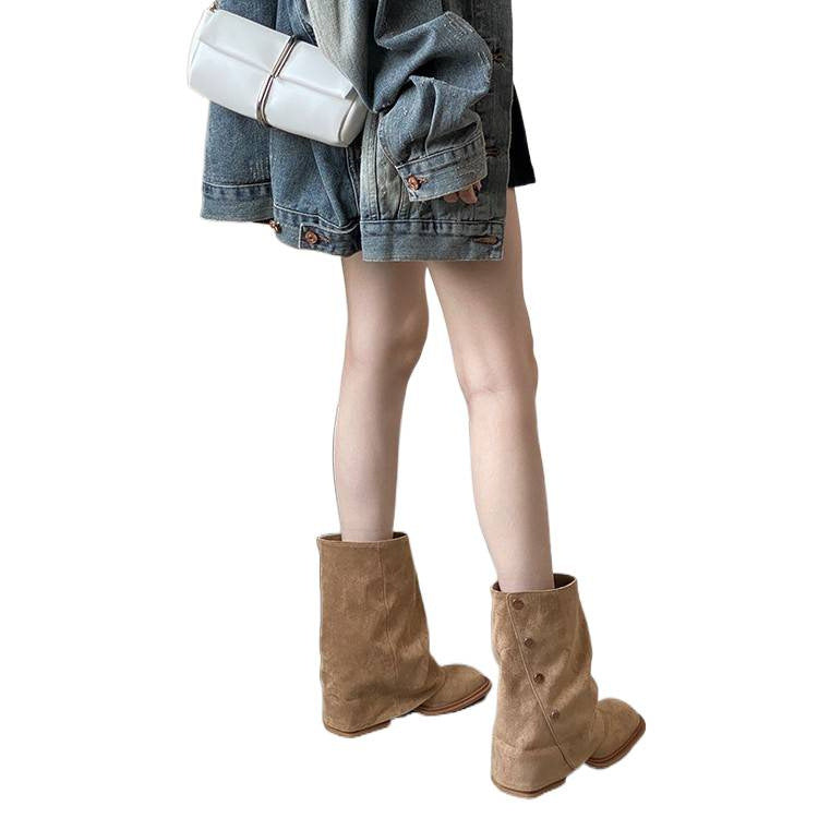 Square Toe Chunky Short Female French Retro Bootie Western Suede Women's Leather Boots