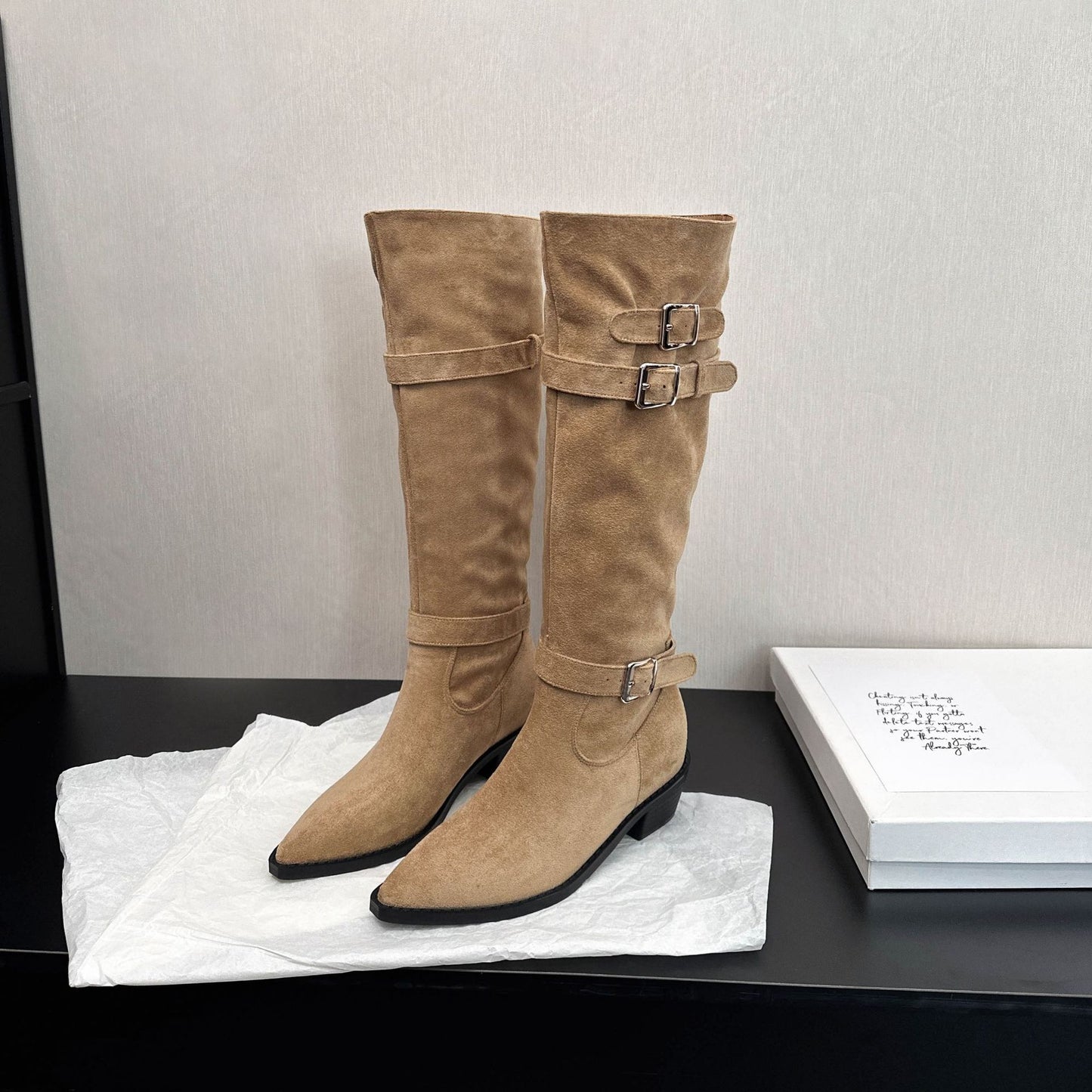 Women's French Cowboy Below The Knee High-rise Belt Chunky Western Pile Boots