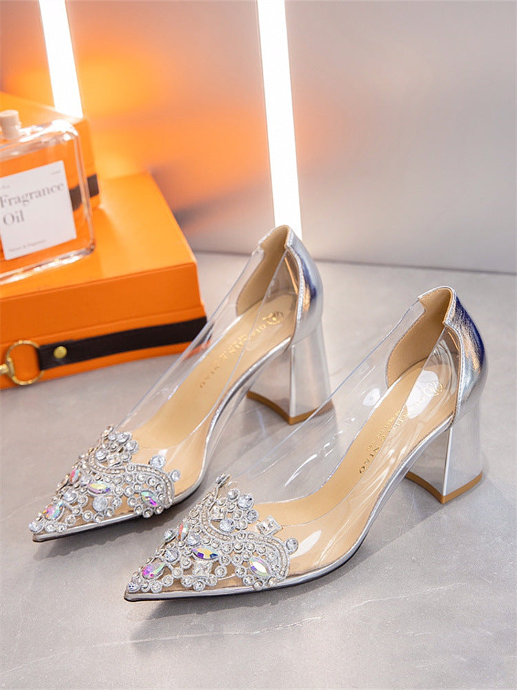 Women's Diamond Golden Bird Fashion Transparent Rhinestone Pointed Heels