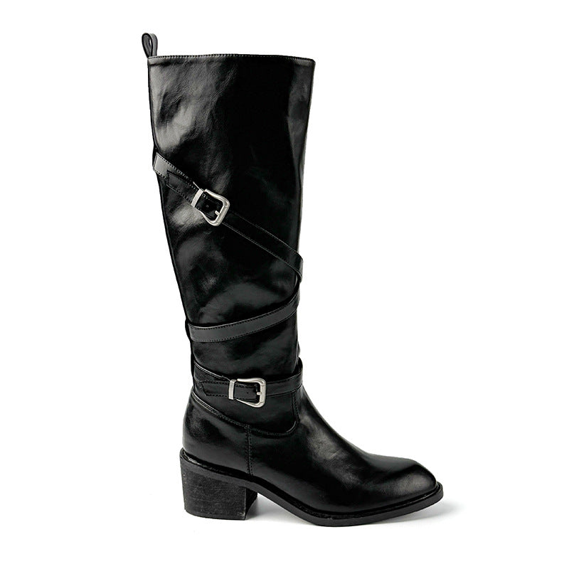 Women's Black High Knight Pointed Chelsea Skinny Women's Leather Boots