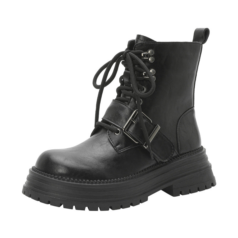 Women's British Style Brushed Thick Bottom Tooling Belt Buckle Women's Leather Boots