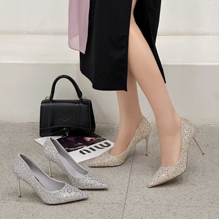 Women's Style Pointed Toe Rhinestone Low-cut Stiletto Sexy Shiny Heels