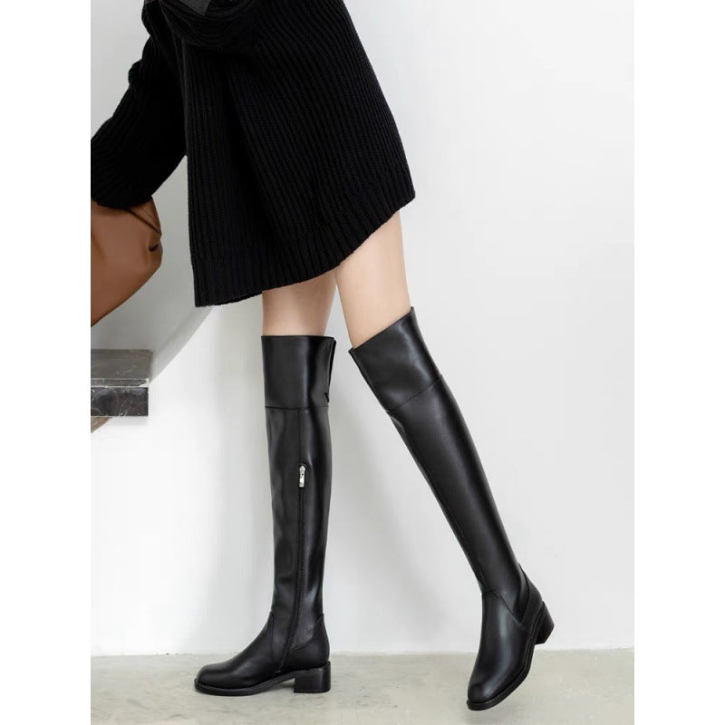 Women's Fashionable Round Toe Low Elastic Stitching Slimming Side Boots