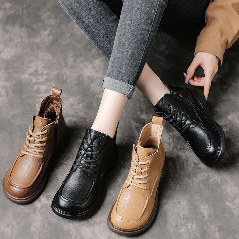 Women's Full Cowhide Autumn Short Fat Feet Martin Boots