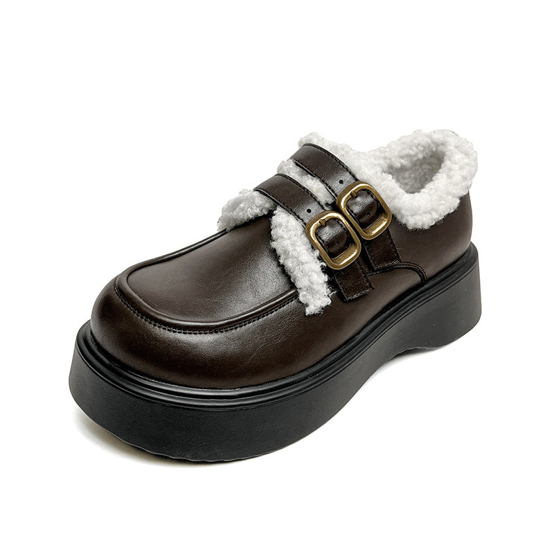 Women's Foot Beauty Power Fleece-lined Round Head Leather Shoes