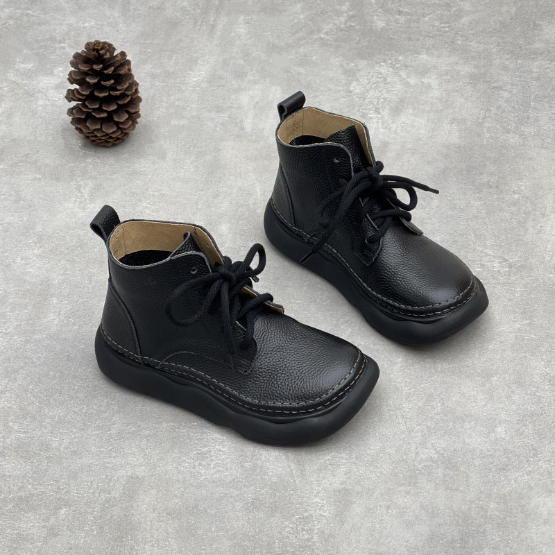 Women's Linen Style Wide Head Top Layer Women's Leather Boots