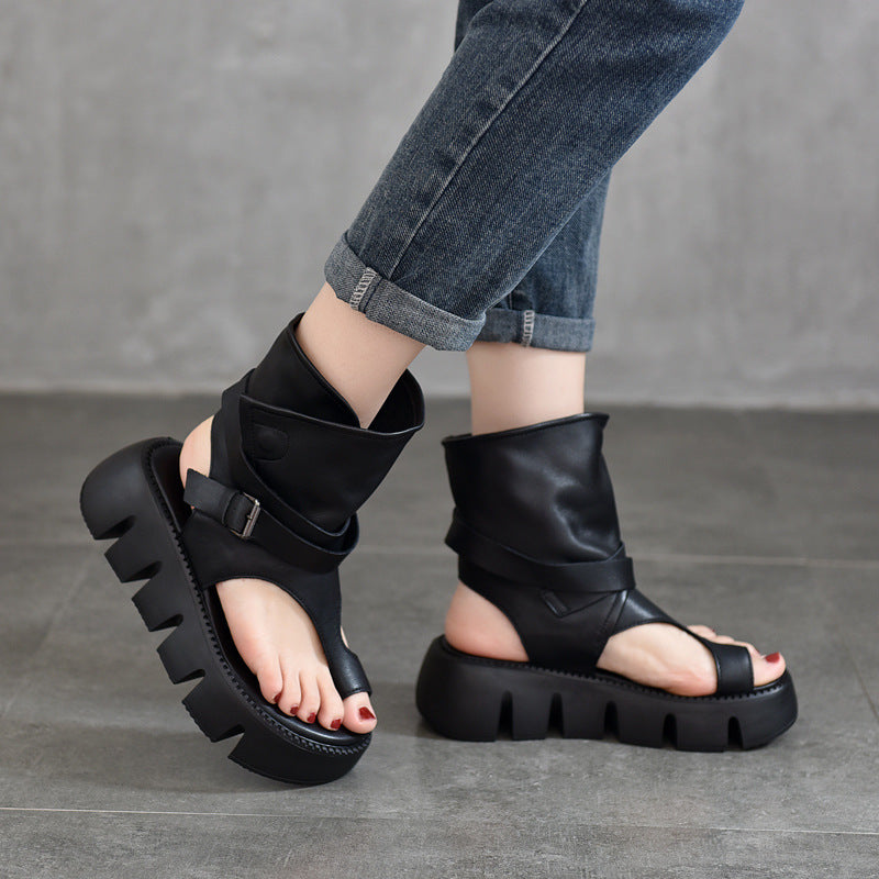 Roman Open Toe Summer Belt Buckle Back Empty Covering High-cut Platform Sandals