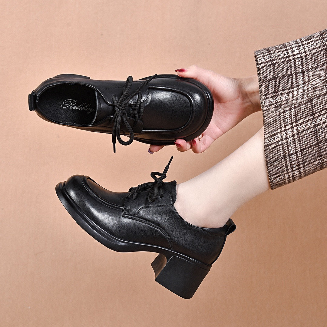 Women's Round Head Chunky Small Spring Full Grain Cow Preppy Loafers
