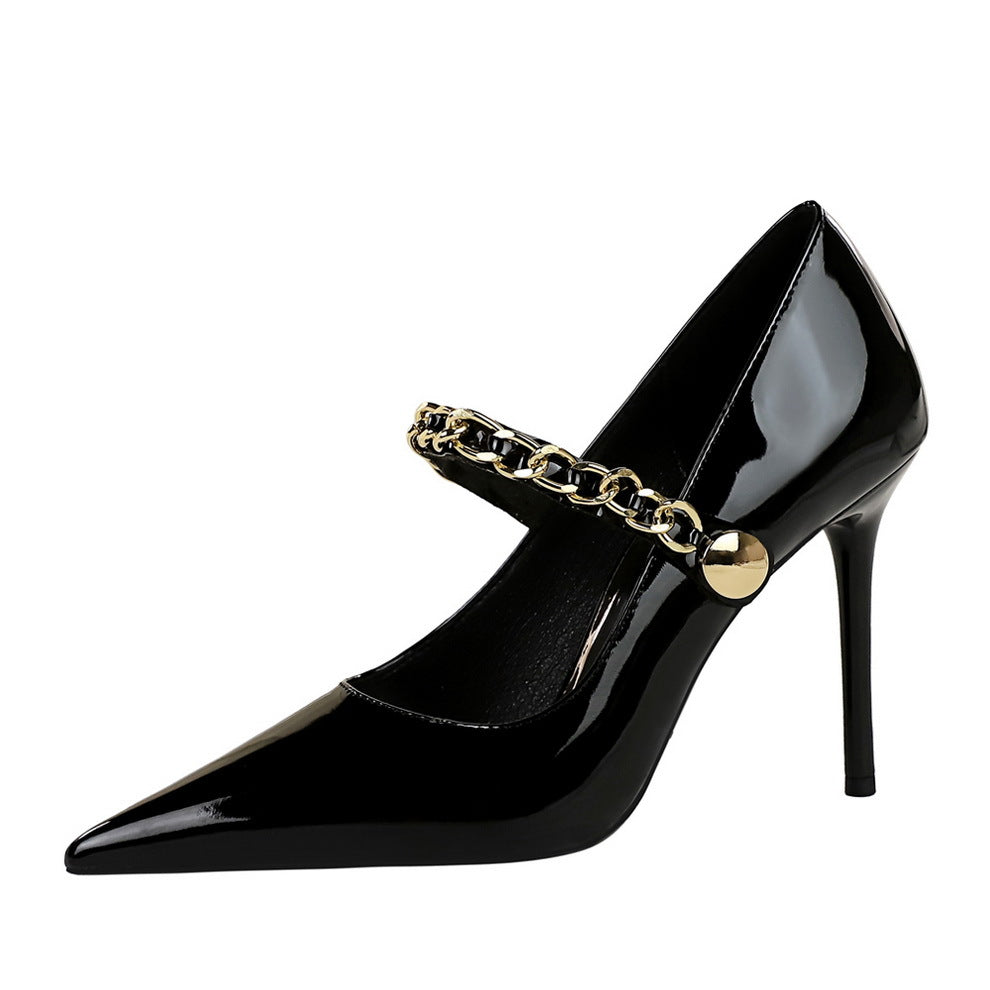 Women's High Stiletto Patent Low-cut Metal Chain Heels