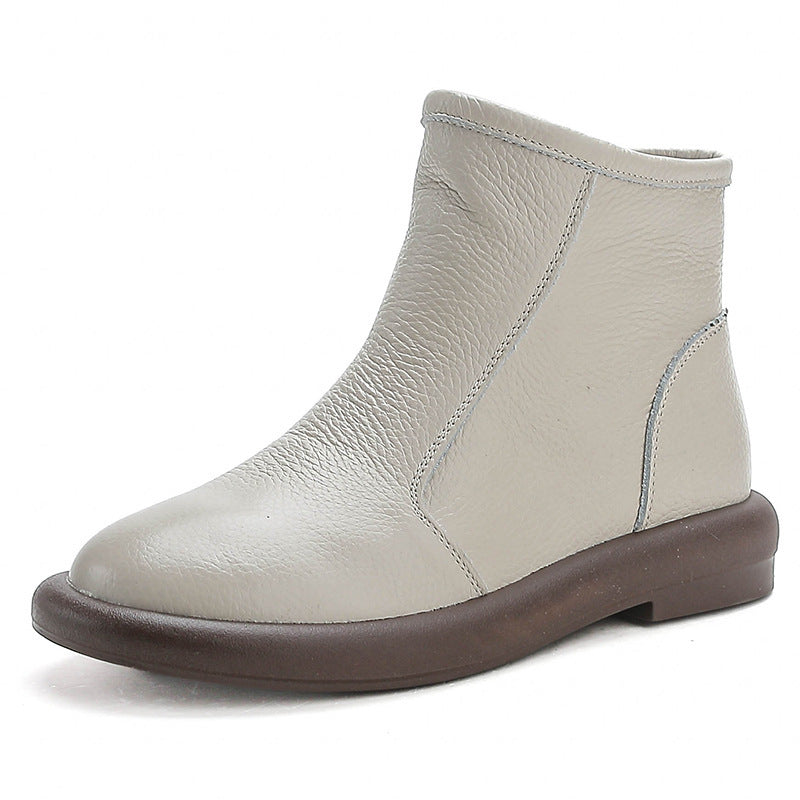 Women's Cowhide Real Wool Low Martin Vintage Genuine Short Round Toe Women's Shoes