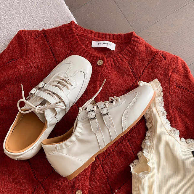 Mom Raised Square Head Double Buckle Lace Up Women's Casual Shoes