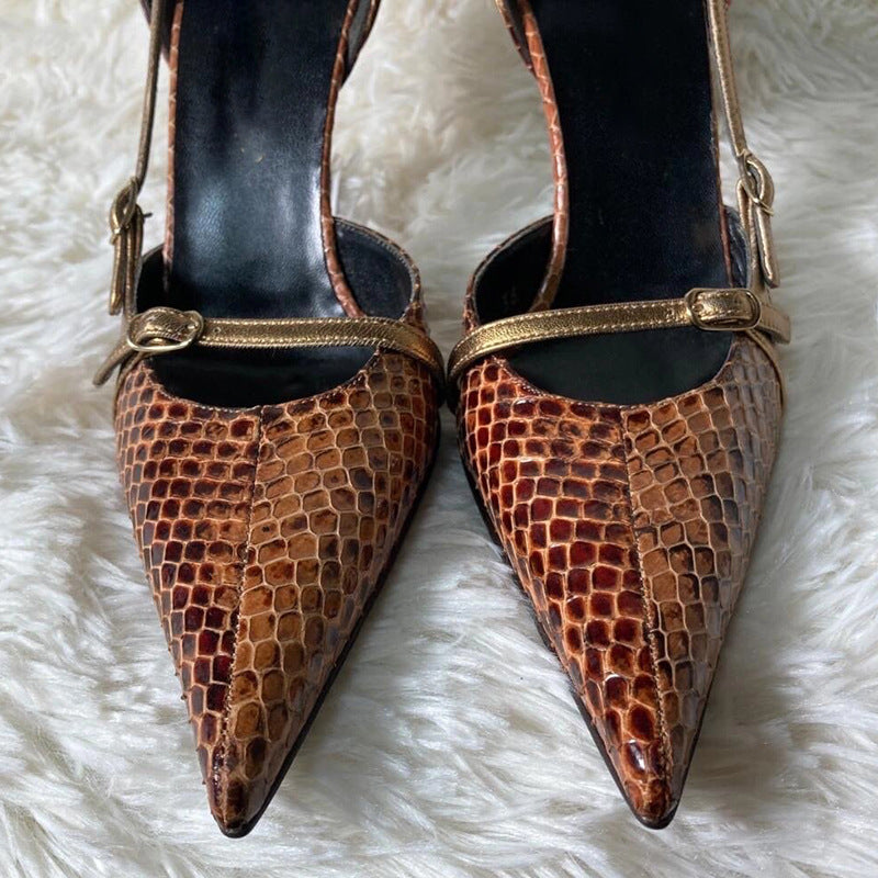 Women's Design Pointed Stiletto Snakeskin Pattern High Retro Hot Belt Buckle Women's Fashion Shoes