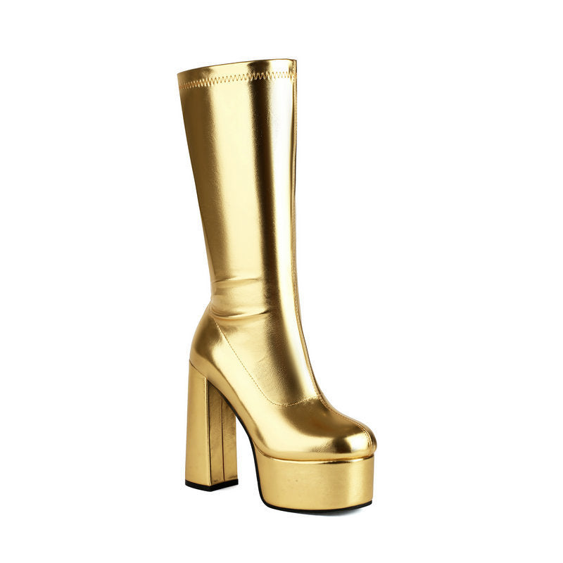 Women's Chunky Stretch High Gold Sier Thick Bottom Super Round Head Women's Leather Boots