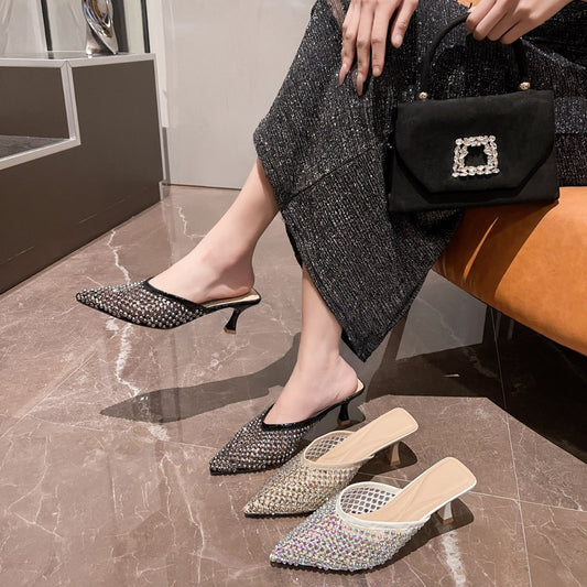 Women's Style Pointed Stiletto Summer Rhinestone Mesh Half Closed High Heeled Sandals