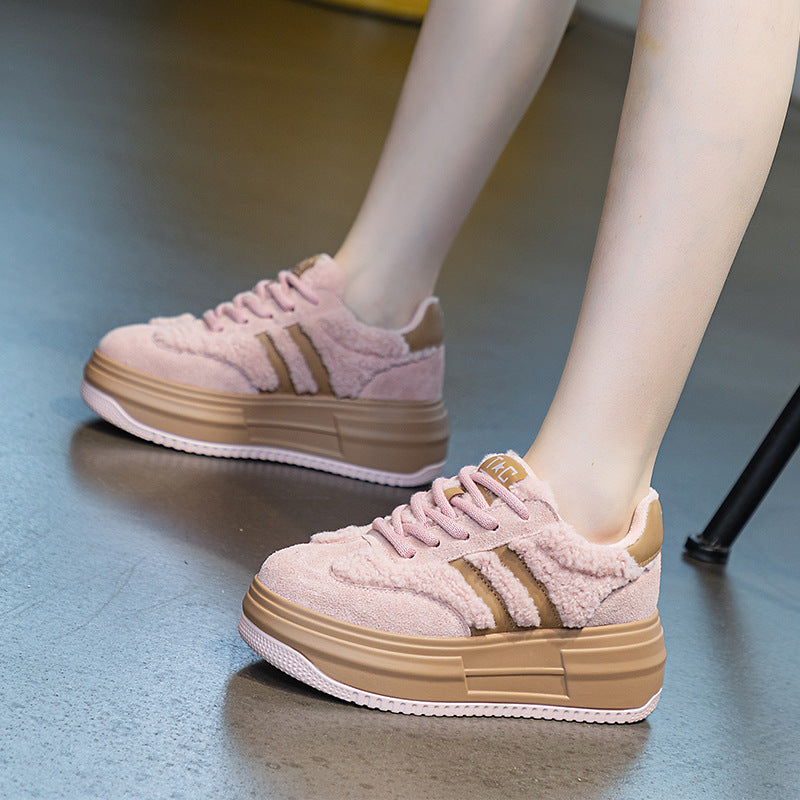 Women's Cotton Platform Height Increasing Insole Genuine Lamb Fur Sneakers
