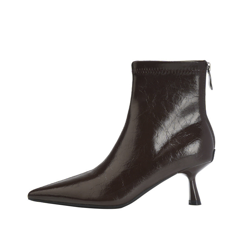 Women's Stiletto Pointed Ankle Back Zipper High-heeled Skinny Slimming Temperament Wild Women's Leather Boots