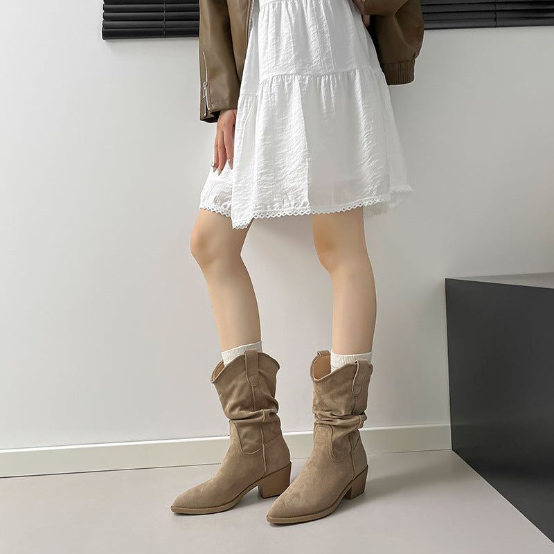 Women's V-shaped Mouth Thick Short Retro Length Pleated Pile Women's Leather Boots