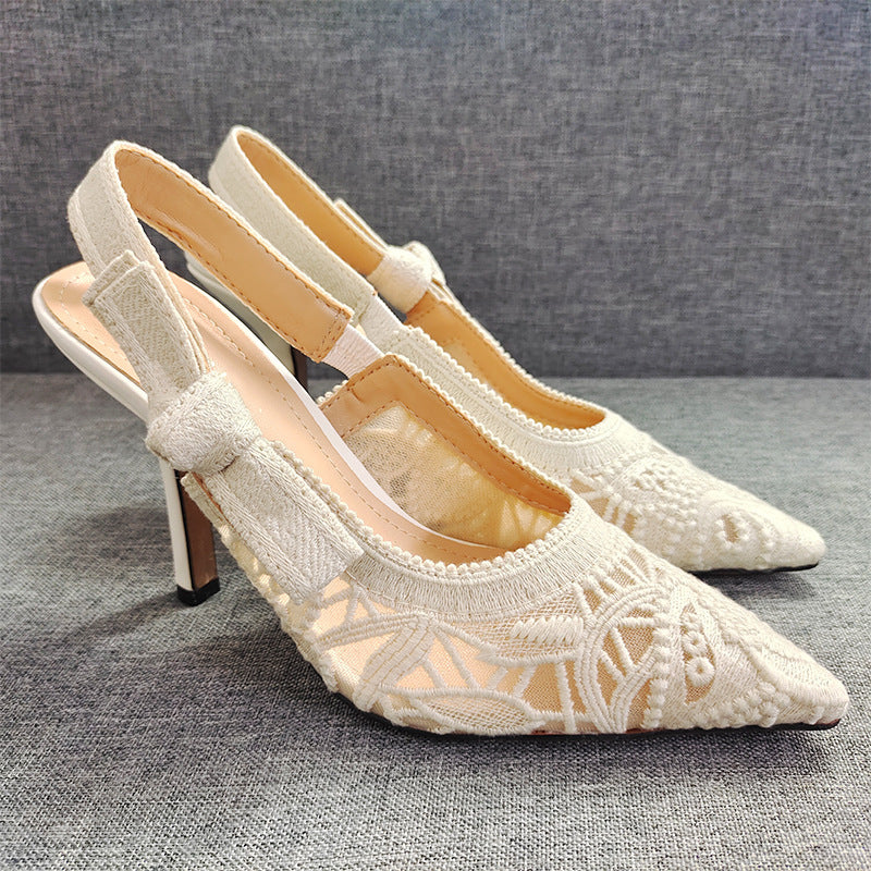 Women's Letter Lace Wedding Mesh Flat Kitten Pointed Sandals