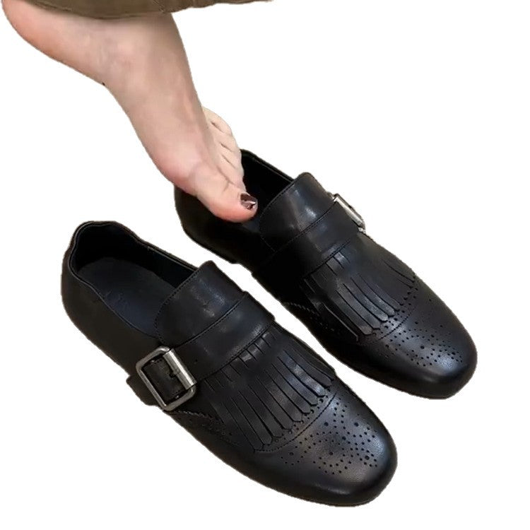 Women's Tassel Embroidery Flat Black Versatile Small Belt Loafers