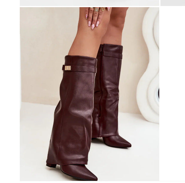Women's Pointed Toe Large Tube Circumference Straight Metal Buckle Long Size Boots