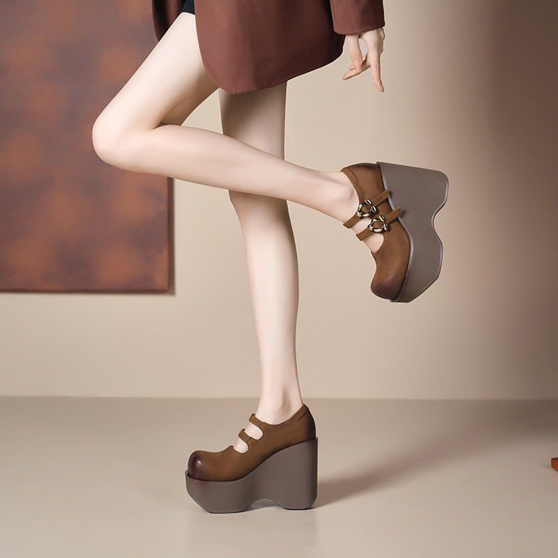 Women's Genuine Fashion Retro Platform High Pumps Women's Casual Shoes