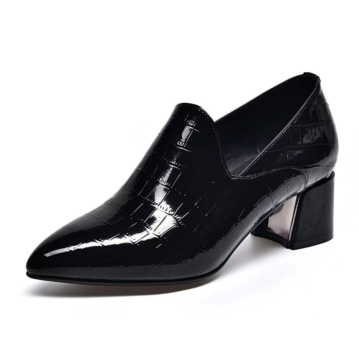 Women's Deep Mouth Pointed Toe Chunky Shiny Women's Fashion Shoes