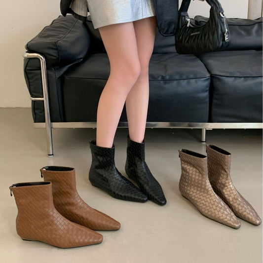 Women's Square Head Woven Loose Sleeve Wedge Short Boots