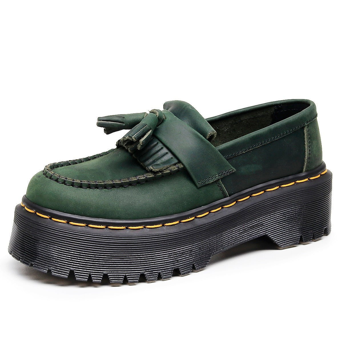 Women's Horse Green Tassel Top Layer British Style Loafers