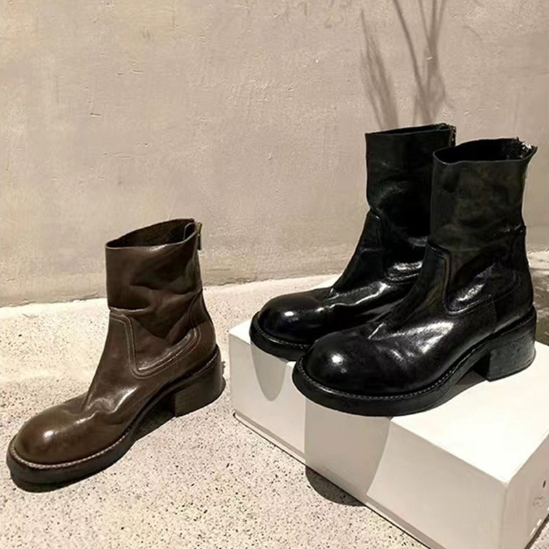 Women's Version Western Style Martin Retro Chunky Back Zipper Horse Short Women's Leather Boots