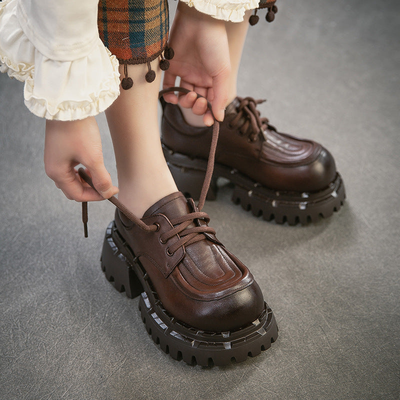 Women's British Style French Tied Round Head Leisure Trendy Top Layer Women's Casual Shoes