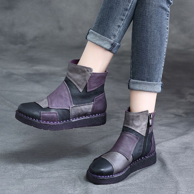 Ethnic Style Personality Handmade Retro Patchwork Ankle Women's Leather Boots